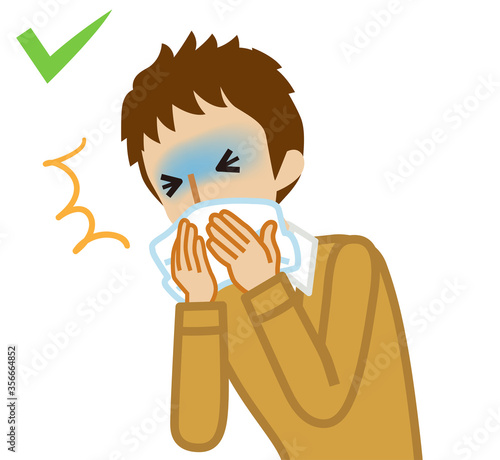 Coughing male student covered mouth by a handkerchief - waist up , cartoon style