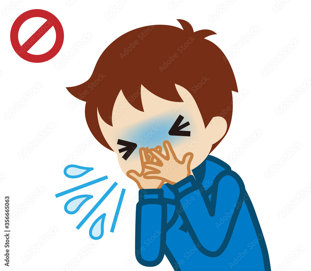 Coughing toddler boy covered mouth by hands - waist up , cartoon style Coughing toddler boy covered mouth by hands - waist up , cartoon style