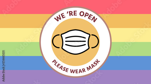 Relax color concept,open sign,we're open on rainbow flag background, soft pastel color,