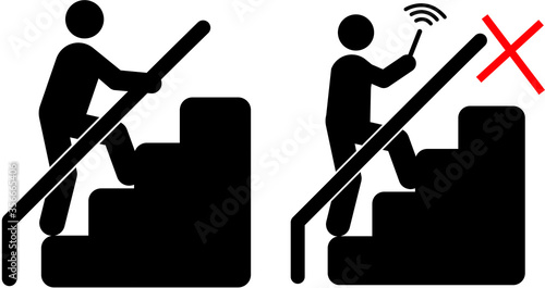 handrail cell phone walking icon caution
