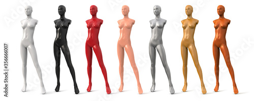 Set of female mannequins for clothes of white, black, red, beige, gold, silver, bronze colors. Figure without hands. Vector 3d realistic illustration isolated on white background.