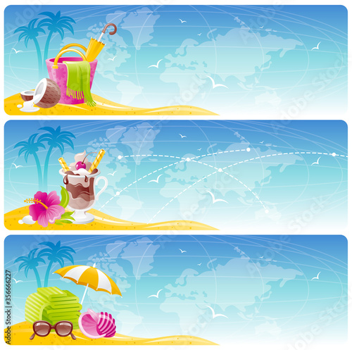 Summer beach banners. Cartoon sea background. Vector travel vacation set. Holiday illustration with sand island. Tropical ocean concept. Fun happy flyer. Sun landscape with bag, cocktail, umbrella