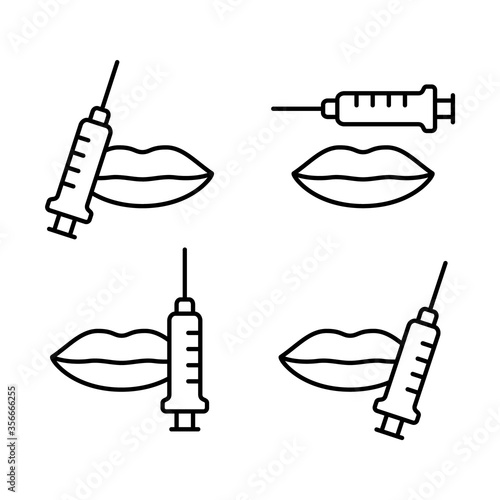 Lip shape correction icon set. Botox or hyaluronic acid injection. Linear black illustration of plastic with filler, lip augmentation, facial rejuvenation. Contour isolated vector, white background