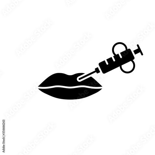 Silhouette Lip injection. Outline contour plastic icon. Black simple illustration of lip augmentation with filler, botox, hyaluronic acid. Flat isolated vector, white background. Beauty product emblem