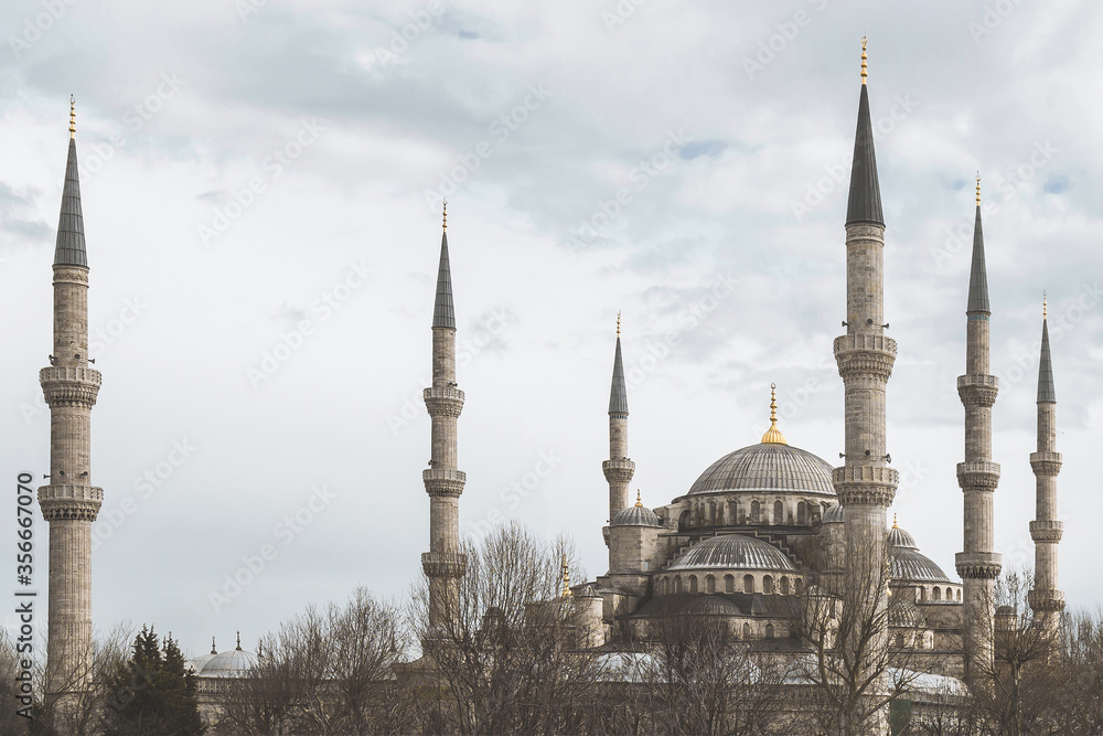 beautiful landscape photograph of the Sultanahmet mosque in Istanbul in gray weather. blue mosque in istanbul close up. Sultanahmet Mosque in gloomy weather. 