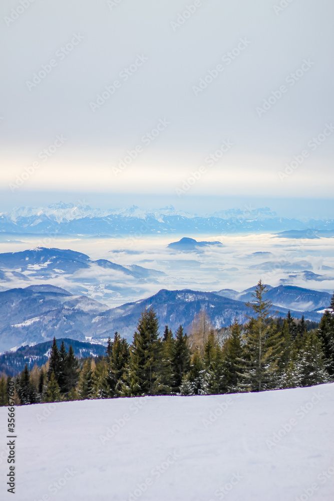 Snowy Austrian Alps Landscape On A Cloudy Day