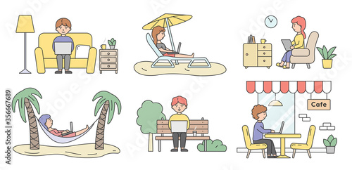 Freelance Work, Brainstorm And Self-Employment Concept. Set Of Busy Freelancers Handsome People Men And Women Working On Laptops In Different Places. Cartoon Linear Outline Flat Vector Illustration