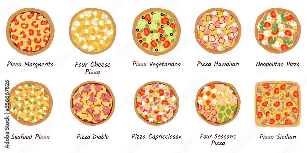Big collection of different pizza top view with ingredients. Italian tasty pizza: vegetarian, seafood, cheese, mushroom, hawaiian and meat topping in flat style on white background. Big collection of different pizza top view with ingredients. Italian tasty pizza: vegetarian, seafood, cheese, mushroom, hawaiian and meat topping in flat style on white background.