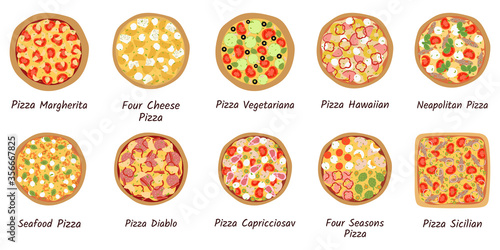 Big collection of different pizza top view with ingredients. Italian tasty pizza: vegetarian, seafood, cheese, mushroom, hawaiian and meat topping in flat style on white background.