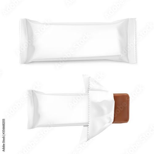 Closed and open flow packaging mockup with bar. Vector illustration isolated on white background. Can be use for your design, promo, adv and etc.  EPS10.	