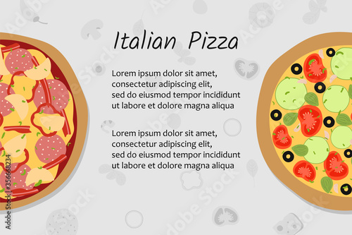 Web banner for restaurant with different kinds of pizza. Flyer for pizza advertising. Flat vector design
