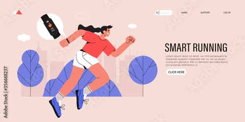 Jogging vector illustration for landing page or web banner template. Woman with fitness band or tracker running in the town park. Illustration for marathon, city run, training, cardio exercising.