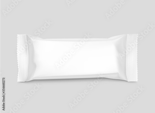 Hight realistic flow packaging mockup. Vector illustration on grey background. Can be use for your design, promo, adv and etc. Possibility for food, pharmaceutical, cosmetic. EPS10.