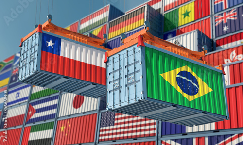 Freight containers with Chile and Brazil flag. 3D Rendering 