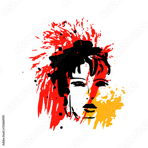 Print for t-shirt or poster. Vector illustration. abstracton Hand drawing a female face, brush strokes and paint splashes. Bright summer print. Vector 10 EPS
