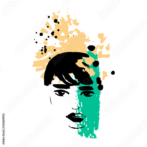 Print for t-shirt or poster. Vector illustration. abstracton Hand drawing a female face, brush strokes and paint splashes. Bright summer print. Vector 10 EPS