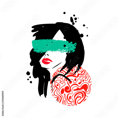 Print for t-shirt or poster. Vector illustration. abstracton Hand drawing a female face, brush strokes and paint splashes. Bright summer print. Vector 10 EPS