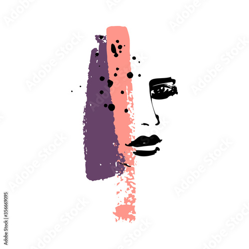 Print for t-shirt or poster. Vector illustration. abstracton Hand drawing a female face, brush strokes and paint splashes. Bright summer print. Vector 10 EPS