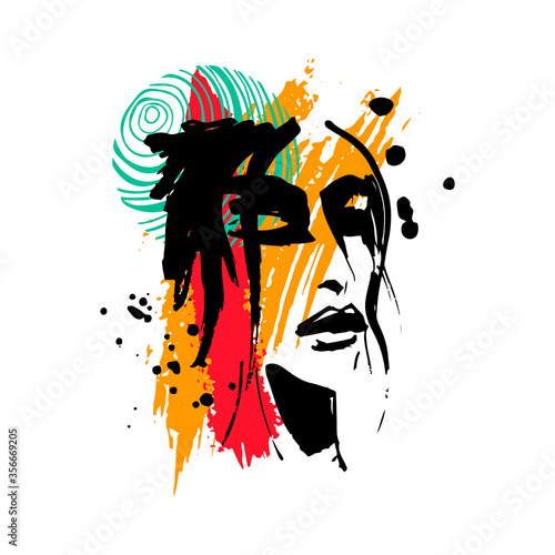 Print for t-shirt or poster. Vector illustration. abstracton Hand drawing a female face, brush strokes and paint splashes. Bright summer print. Vector 10 EPS