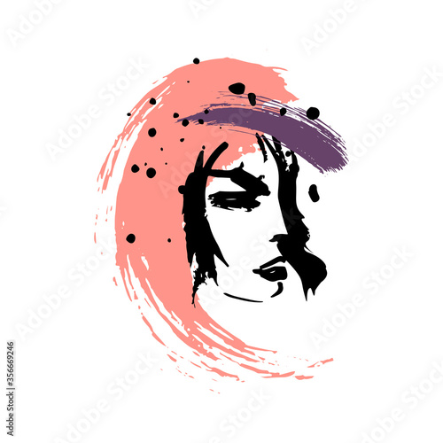 Print for t-shirt or poster. Vector illustration. abstracton Hand drawing a female face, brush strokes and paint splashes. Bright summer print. Vector 10 EPS