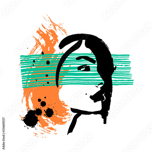 Print for t-shirt or poster. Vector illustration. abstracton Hand drawing a female face, brush strokes and paint splashes. Bright summer print. Vector 10 EPS