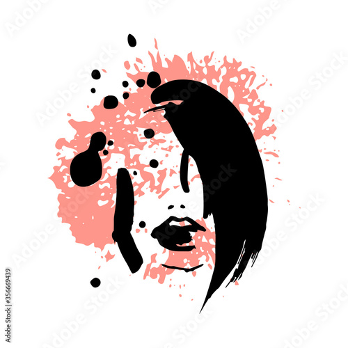 Print for t-shirt or poster. Vector illustration. abstracton Hand drawing a female face, brush strokes and paint splashes. Bright summer print. Vector 10 EPS