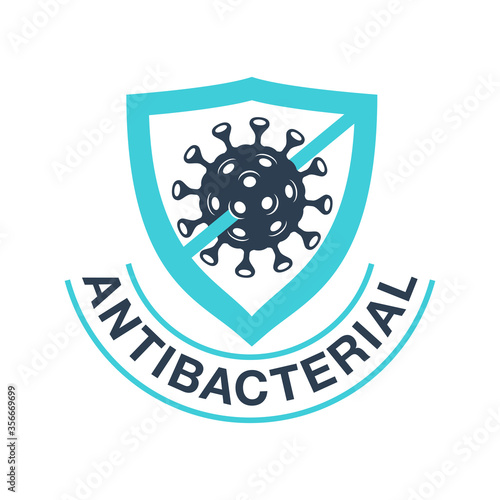 Antibacterial protection icon - shield with crossed virus bacteria inside - vector isolated sign for antiseptic cosmetics and medical pharmaceutical products