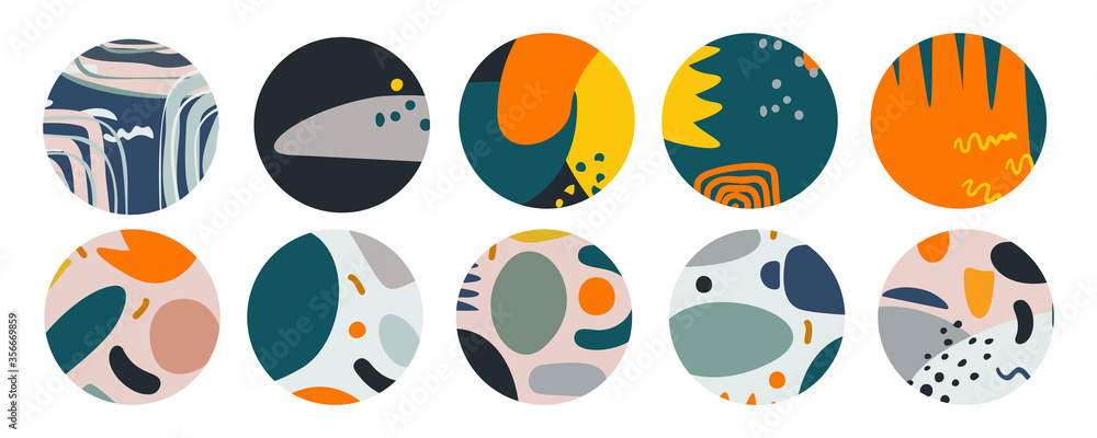 Set of various abstract highlight cover stories for Instagram. Round icons for social media. Hand drawing of dots, lines, patterns, spots, geometric shapes and objects.