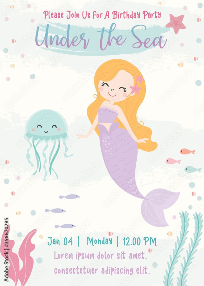 Cute mermaid theme birthday party invitation card vector illustration.