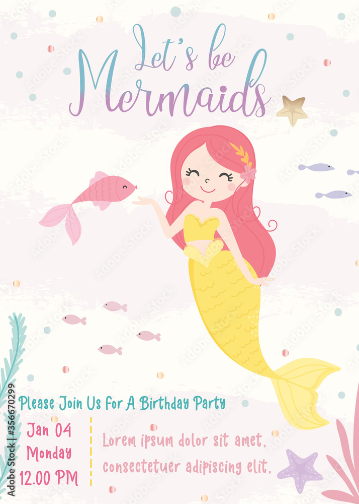 Cute mermaid theme birthday party invitation card vector illustration. Cute mermaid theme birthday party invitation card vector illustration.