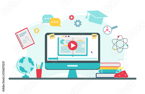 Online education concept. Icons for education, online learning infographics design, web elements, Physics, chemistry, geography, mathematics school subjects. Vector illustration in flat style. 