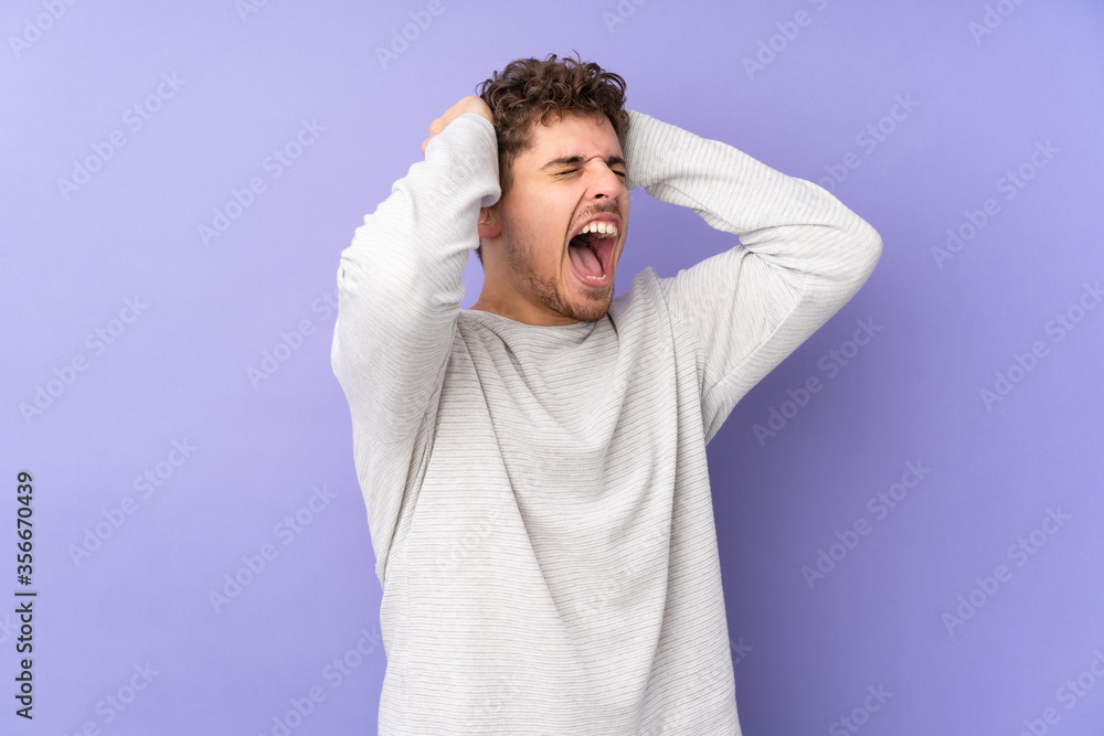 Caucasian man isolated on purple background stressed overwhelmed Caucasian man isolated on purple background stressed overwhelmed