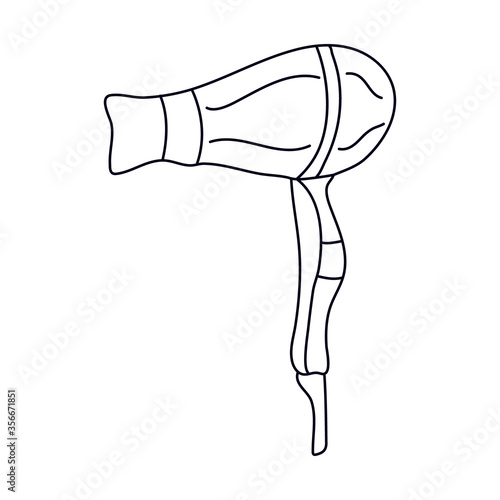 Hair dryer in doodle style. Isolated outline. Hand drawn vector illustration in black ink on white background.