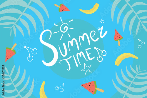 Hello Summer Blue Vector Background Illustration With Watermelon, Banana and Cherry. 