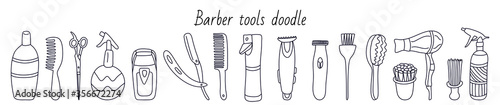 Set with barber tools. Manual 
razor, flat comb hair, brushes, spray, shaver, trimmer. Hand drawn vector illustration in black ink on white. Isolated outline. Doodle style. Great for barbershops.