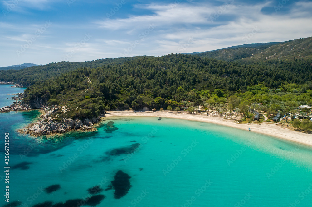 Aerial view of Armenistis beach on the Sithonia peninsula, in the Chalkidiki , Greece