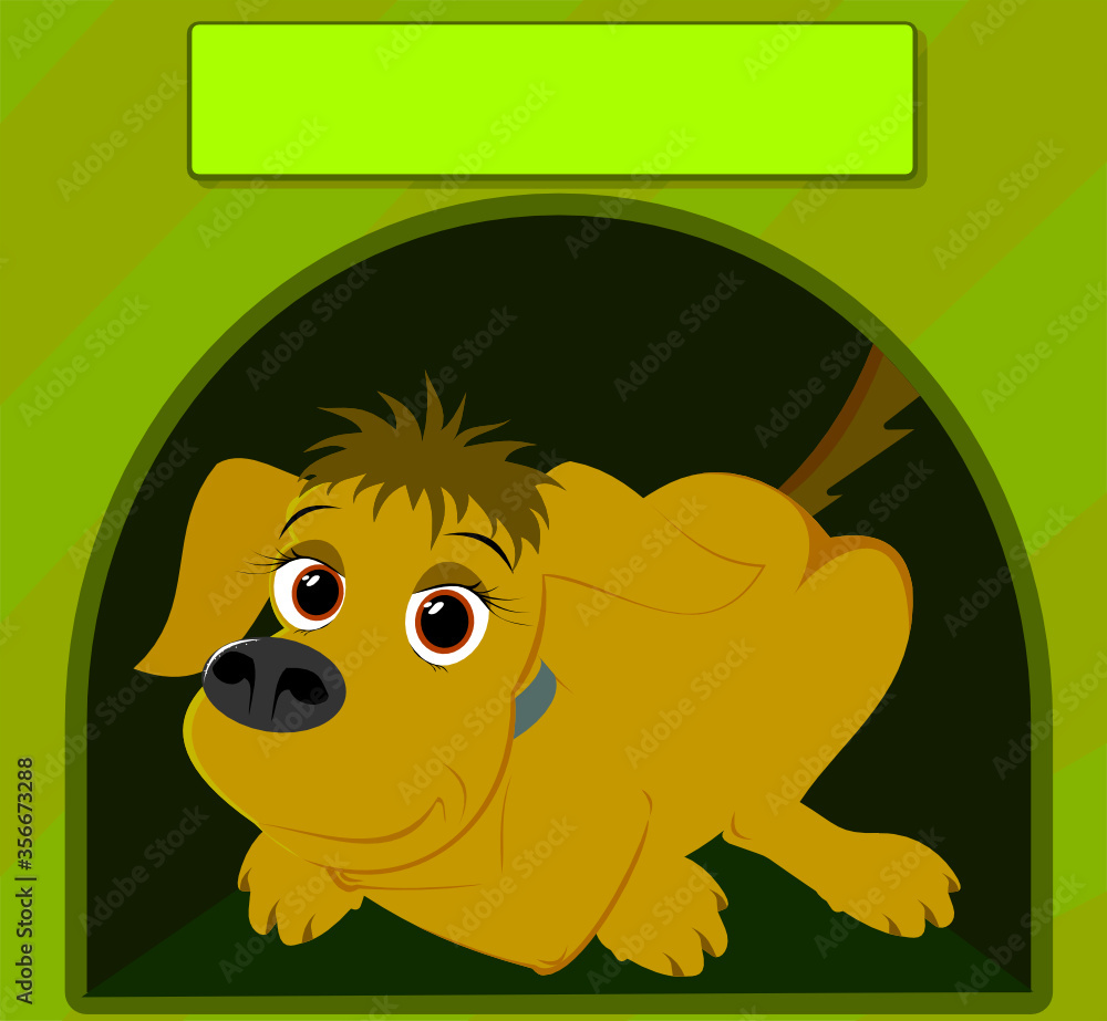 dog in the kennel.Cute brown dog in the doghouse with a blank name tag.Vector illustration