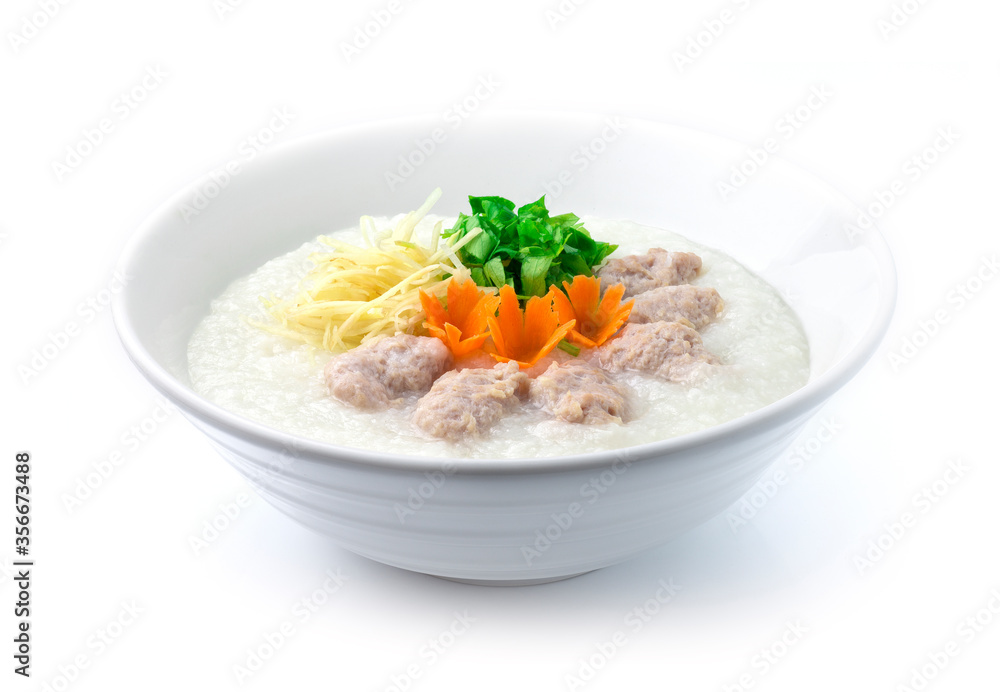 Congee Pork Rice Porridge served slice ginger and cutlet Celery