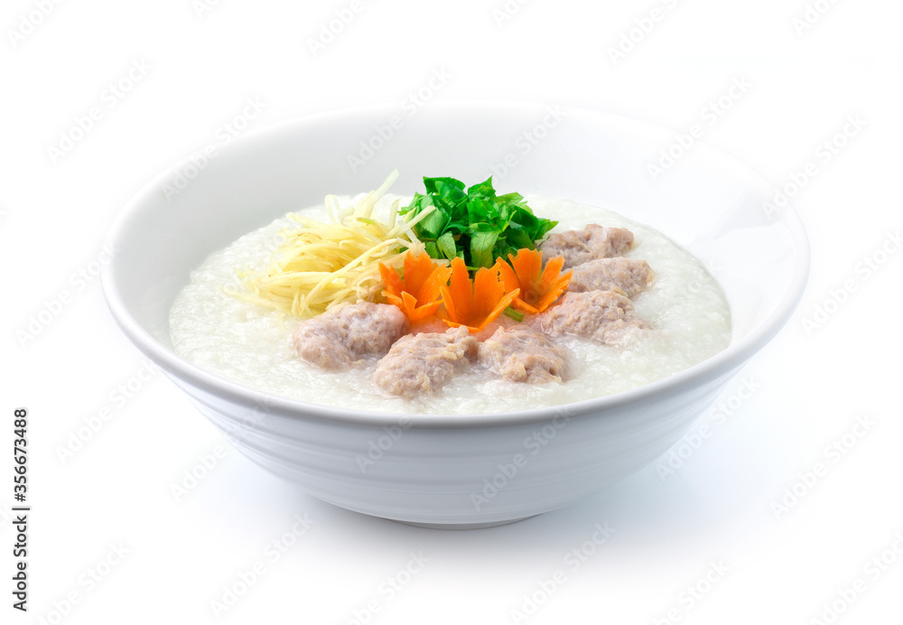 Congee Pork Rice Porridge served slice ginger and cutlet Celery Congee Pork Rice Porridge served slice ginger and cutlet Celery