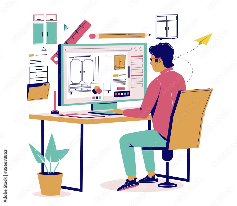 Furniture designer creating furnishings, vector flat isometric illustration Furniture designer creating furnishings, vector flat isometric illustration