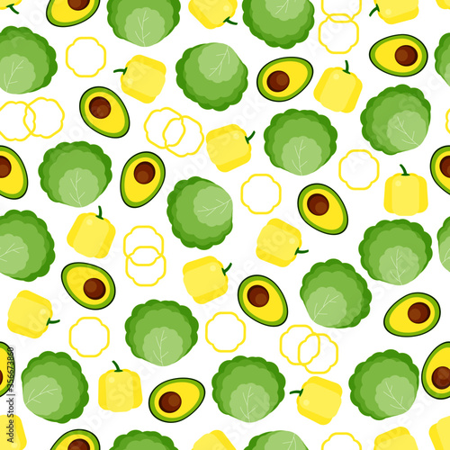 This is a seamless pattern texture of cabbage, pepper, avocado on white background. Vector wrapping paper.