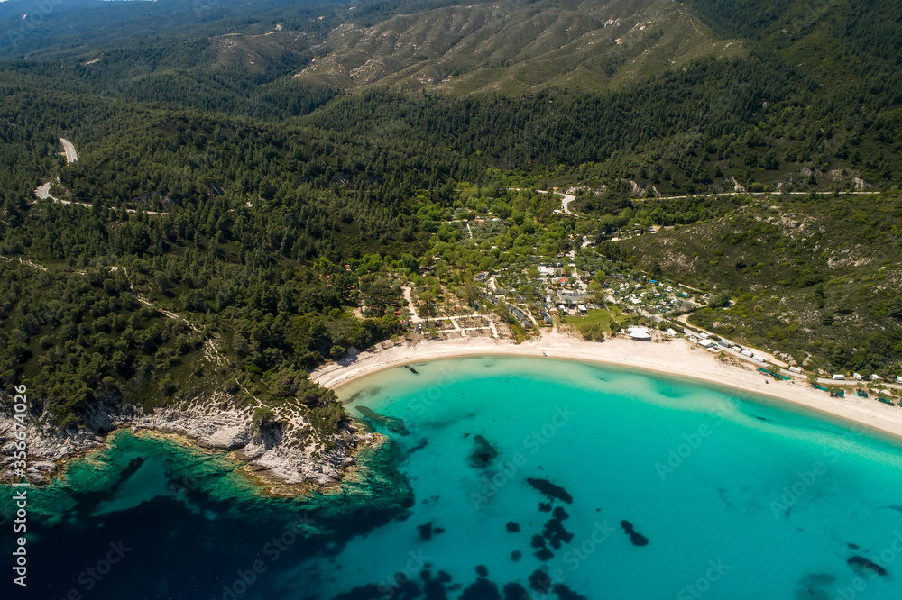 Obraz premium Aerial view of Armenistis beach on the Sithonia peninsula, in the Chalkidiki , Greece