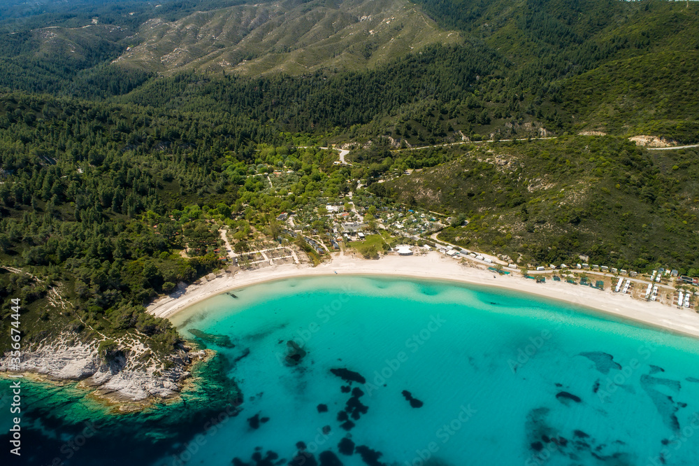 Aerial view of Armenistis beach on the Sithonia peninsula, in the Chalkidiki , Greece