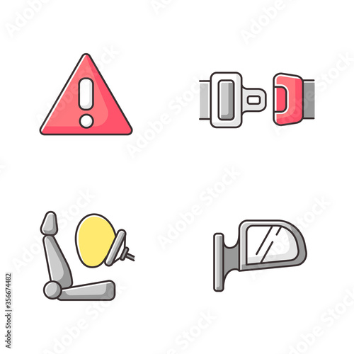 Drivers safety precautions RGB color icons set. Security measures, safe driving. Warning sign, seatbelt, airbag and rear view mirror. Isolated vector illustrations