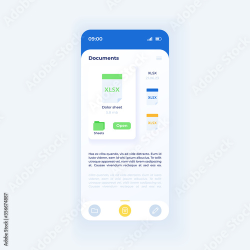 Document catalog smartphone interface vector template. Mobile app page white design layout. File manager screen. Flat UI for application. Page in folder. Portable database. Phone display
