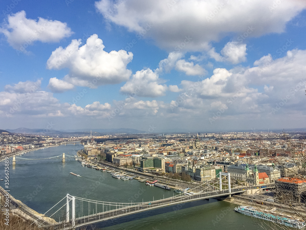 City landscape in Budapest with bridge and amazing sky with some clouds