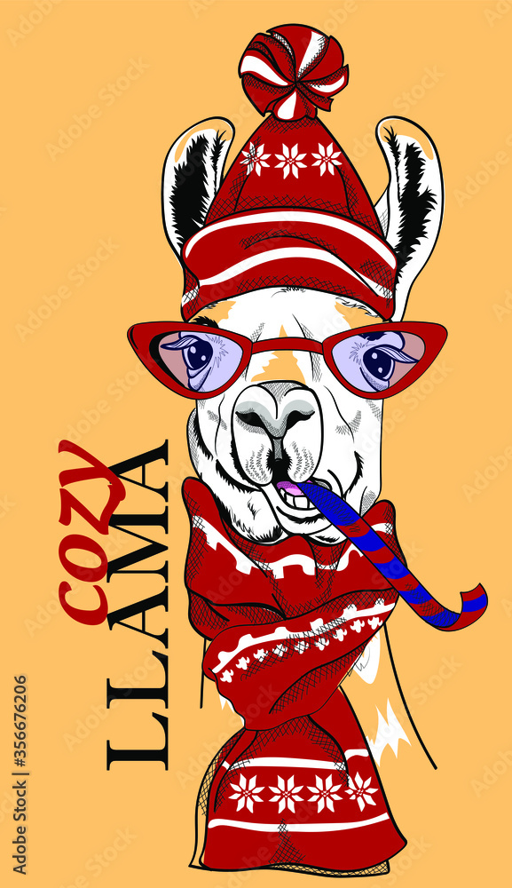 Obraz premium Cute llama in red glasses, a hat and a scarf. Cozy llama - lettering quote. christmas Card, t-shirt composition, hand drawn style print. Vector illustration