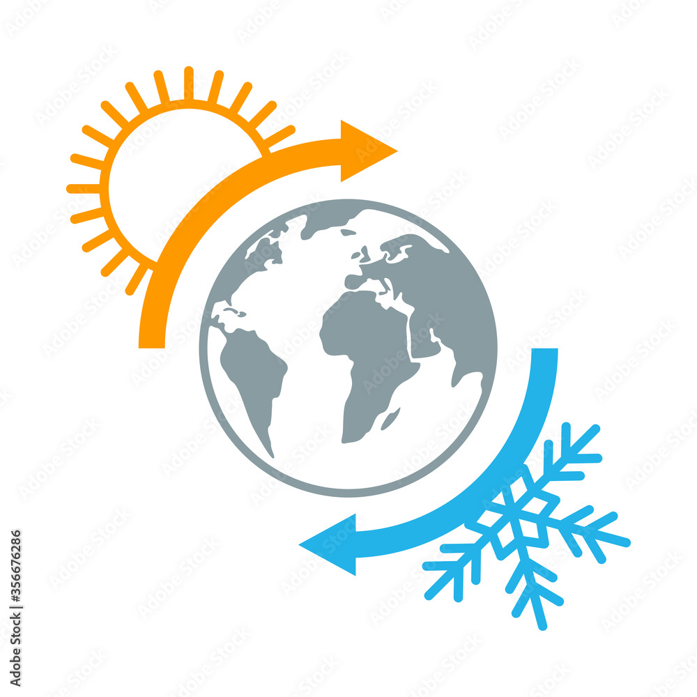 Climate change  - visualization of hot and cold weather - symbol of sun and snowflake revolving around Earth globe - vector icon or logo template