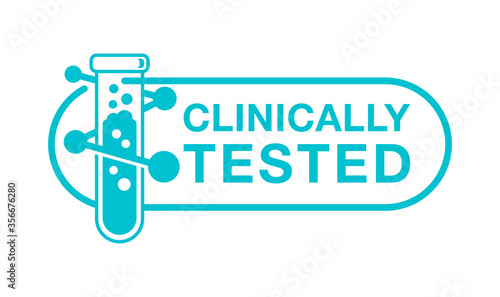 Clinically tested stamp - boiling laboratory vial (test tube) with molecular cell outside - isolated vector badge for medical proven products