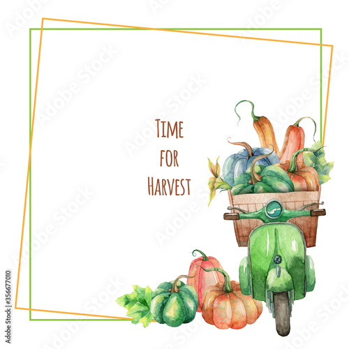 Autumn harvest frame template with retro motorbike, pumpkins and harvest basket